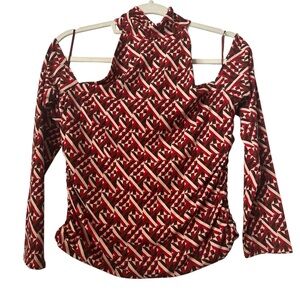 Wayf Red and White Geometric Blouse